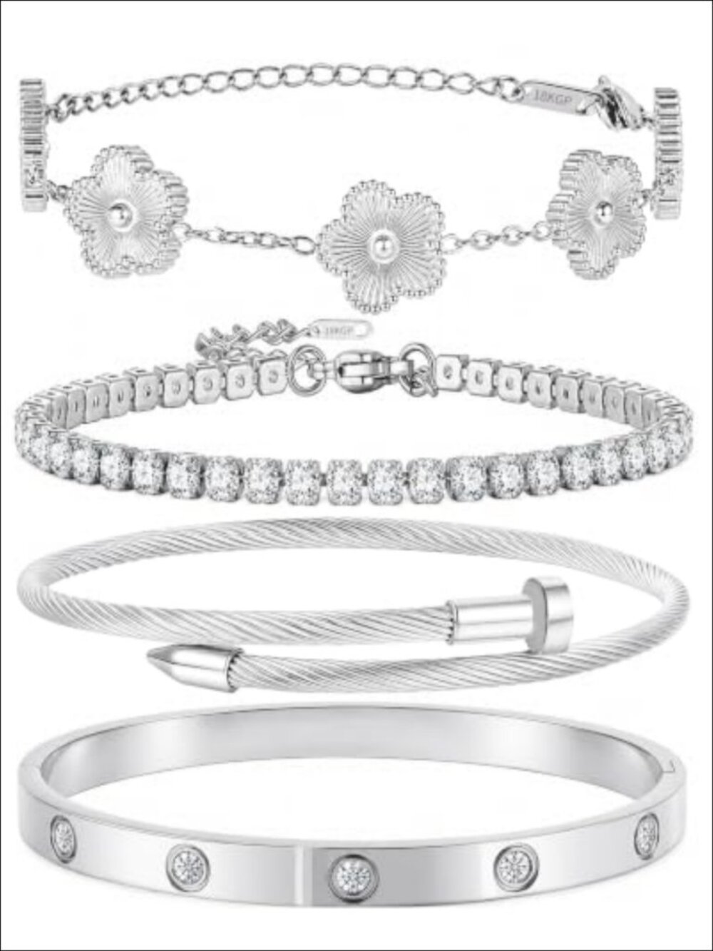 4Pc Stackable Bracelet Set Stainless Steel Floral Tennis Cable Bangle